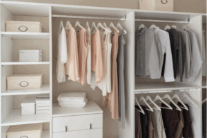 Very organized closet with light pink shirts hanging perfectly and little white boxes on shelves