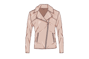 A vector of a pale pink leather jacket with an-off-the-center zipper 