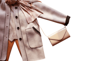 An overlay with a light pink coat and a nude small purse 