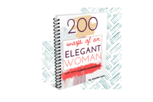 A digital image of the eBook "200 Ways of an Elegant Woman" in a spiral bound book. This is in front of a blue crisscrossed line background