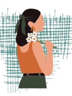 A graphic of an elegant woman holding a flower