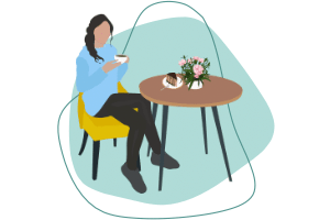 A graphic of a woman enjoying the little things with a cup of coffee and a piece of cake