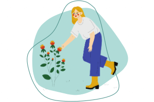 A graphic of a refined woman picking flowers