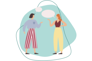 A graphic two women talking to each other