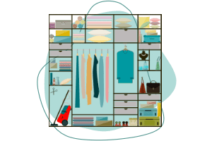 A graphic of a closet with organized clothes showing off a personal style