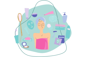 A graphic of a woman surrounded by shower soaps and perfumes