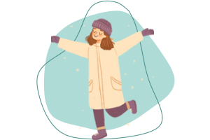 A graphic of a woman enjoying every day as a special occasion, she’s walking through snow