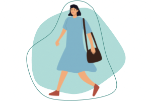 A graphic of a woman in a blue dress walking 