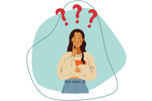 A graphic of a classy woman with a question