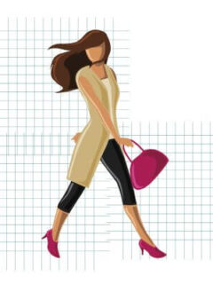 A graphic of a classy woman walking with a red purse and shoes looking elegant