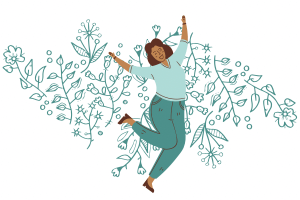 A graphic of a woman jumping with happiness