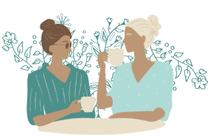 A graphic of two women talking