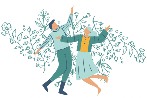 A graphic of a couple being excited