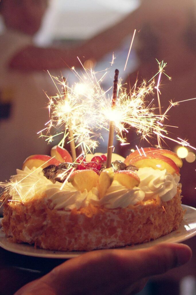 An adult birthday party cake with sparklers
