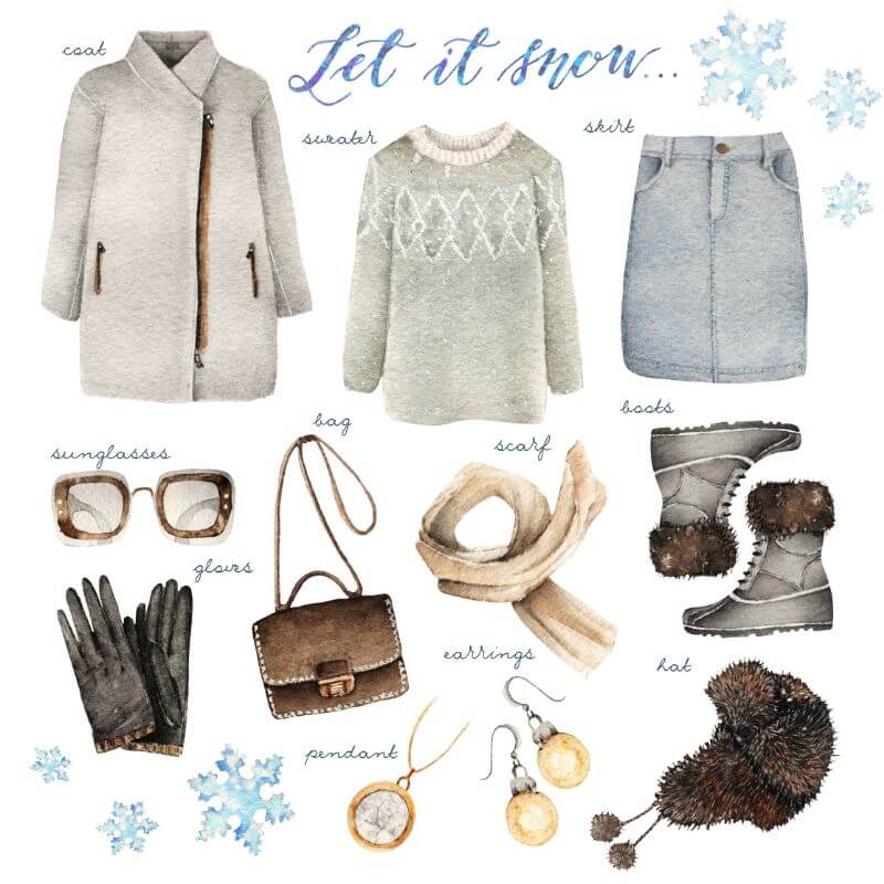 Elegant Winter Outfit Essentials: sweater, coat, gloves, boots, scarf, sunglasses, etc