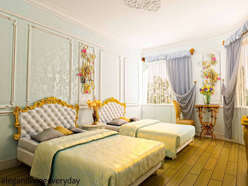 Seagreen wall paper with gold headboards 